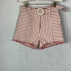 Aqua Shorts Women's XS Belted 100% Cotton Red And White Striped Frayed